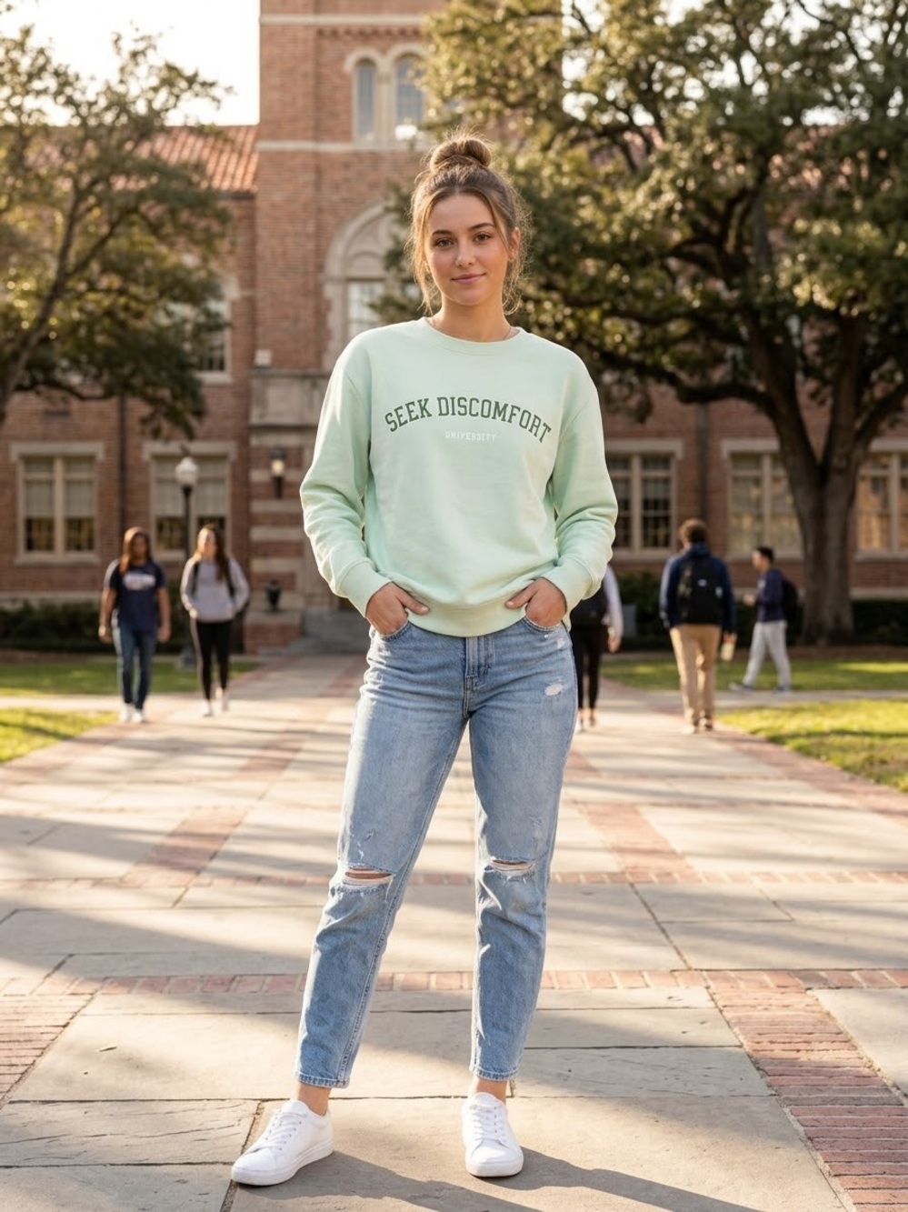 Organic Cotton Seek Discomfort University Crewneck Sweatshirt - Light Sage